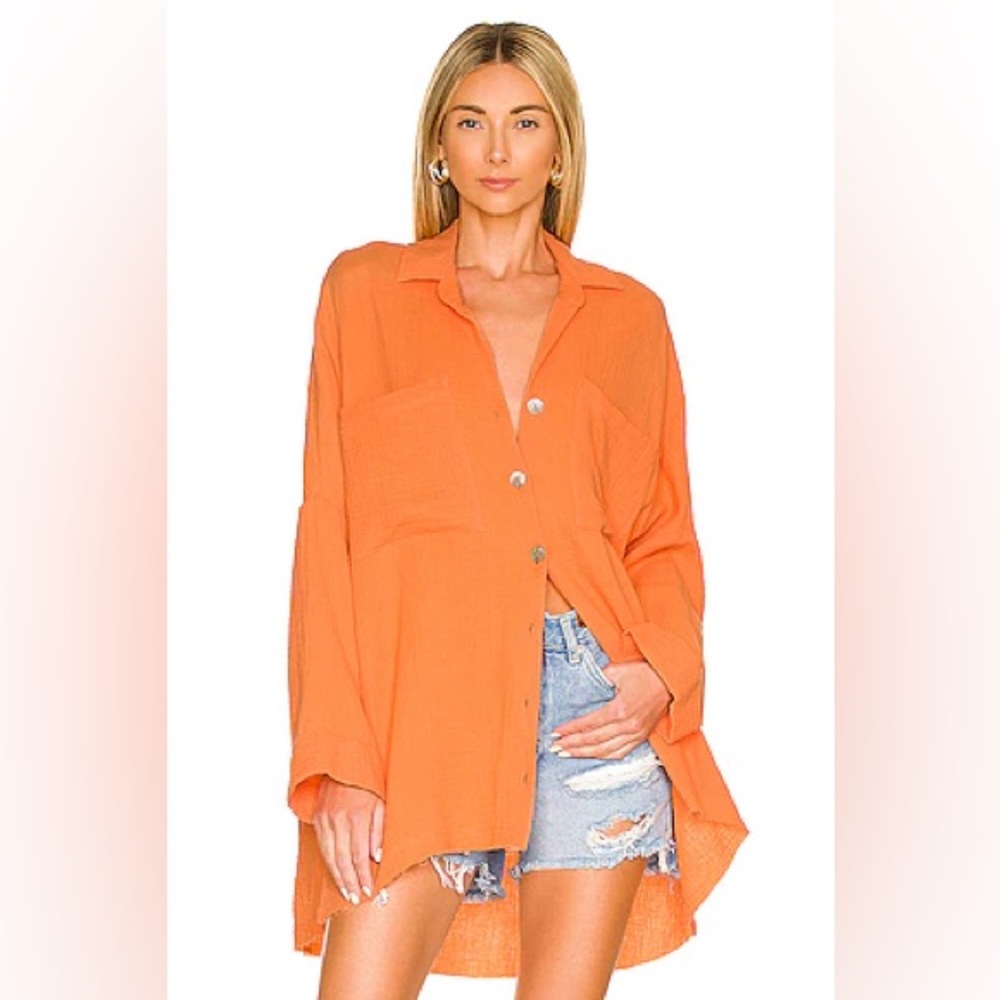 Show Me Your Mumu Johns Button Down Gauzy Cotton
Shirt Bright Orange Oversized M